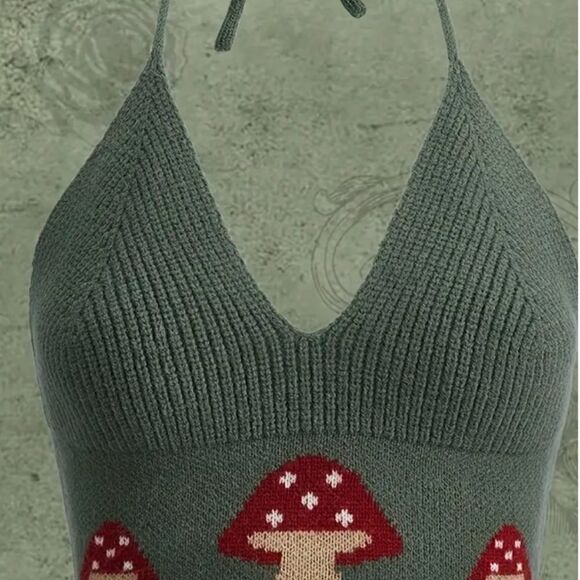 NEW! Y2K Mushroom Graphic Knit Halter Crop Top Sexy Casual Summer Sweater Retro - Picture 5 of 5